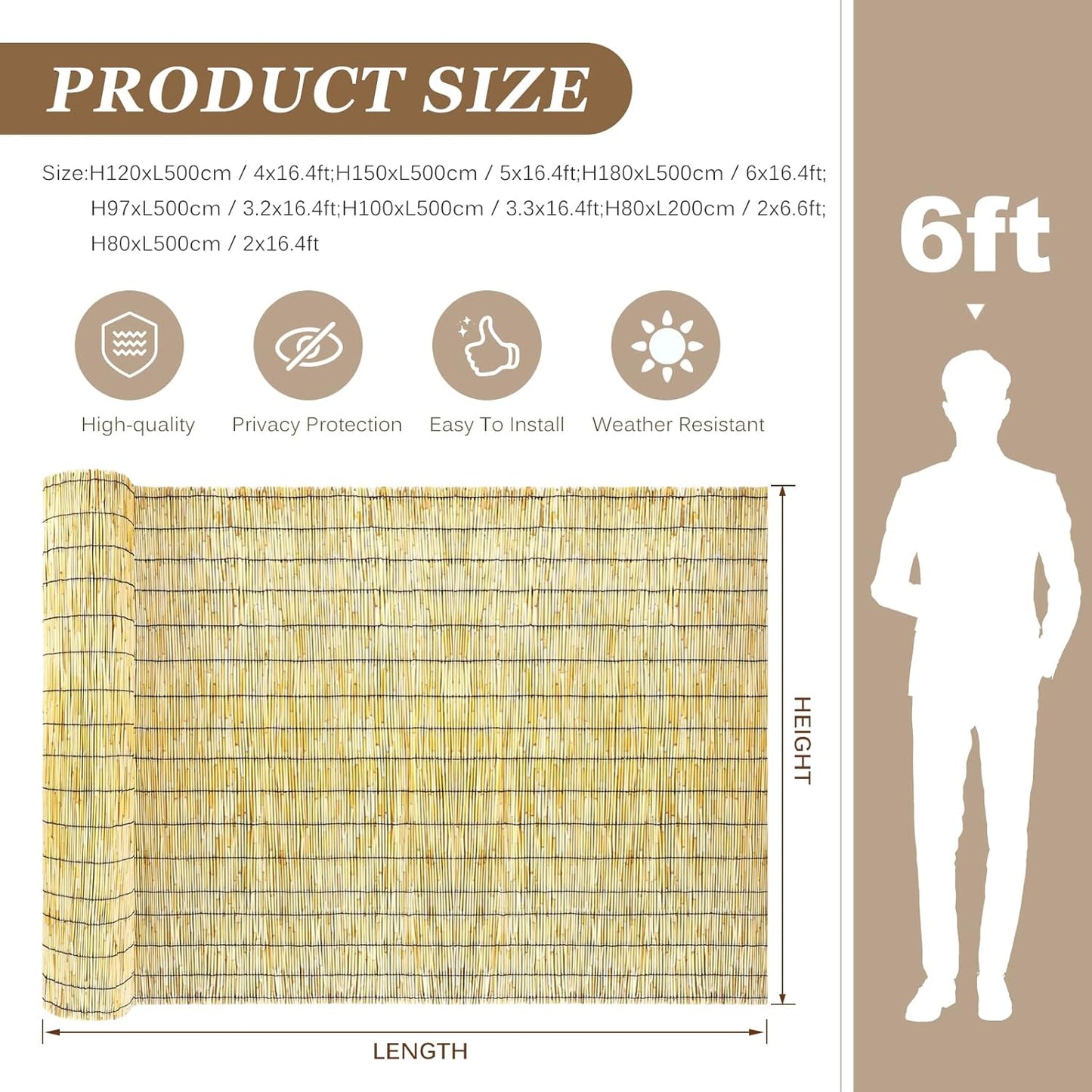 Natural Reed Fencing Rolls: Privacy Bamboo Fence 3/4/5/6ft High Roll Reed Screen, Decorative Bamboo Fencing for Outdoor Balcony Patio Garden Backyard,with Cable Zip Ties(Nature, 5x16.4ft)