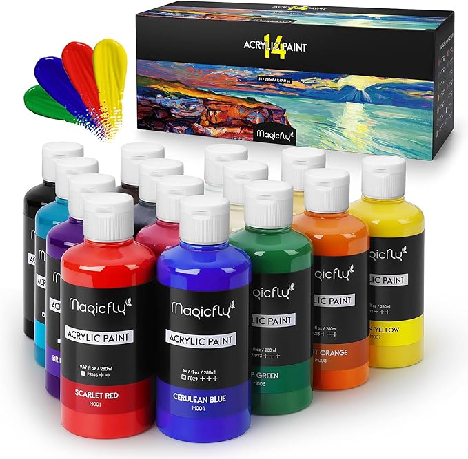 Magicfly Acrylic Paint Set, 14 Vibrant Colors (280ml / 9.47oz Each), Large Bulk Acrylic Paints for Artists & Beginners, Rich Pigment Craft Paint for Canvas, Wood, Ceramic, Fabric