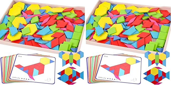 3 otters Wooden Pattern Blocks Shapes for Kids, Geometric Tangram Puzzle with Activity Cards, 150 PCS Educational Toy (Pack of 2)