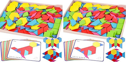 3 otters Wooden Pattern Blocks Shapes for Kids, Geometric Tangram Puzzle with Activity Cards, 150 PCS Educational Toy (Pack of 2)