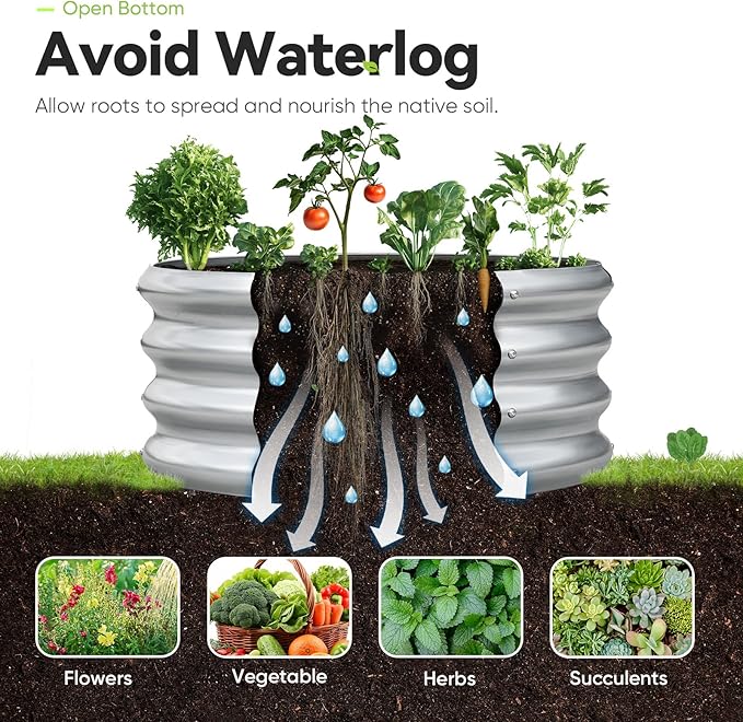 KING BIRD Raised Garden Bed Galvanized Round Planter Box Outdoor for Gardening, Plants, Vegetables, Flowers, Silver, 24x24x12 in, 2 Packs