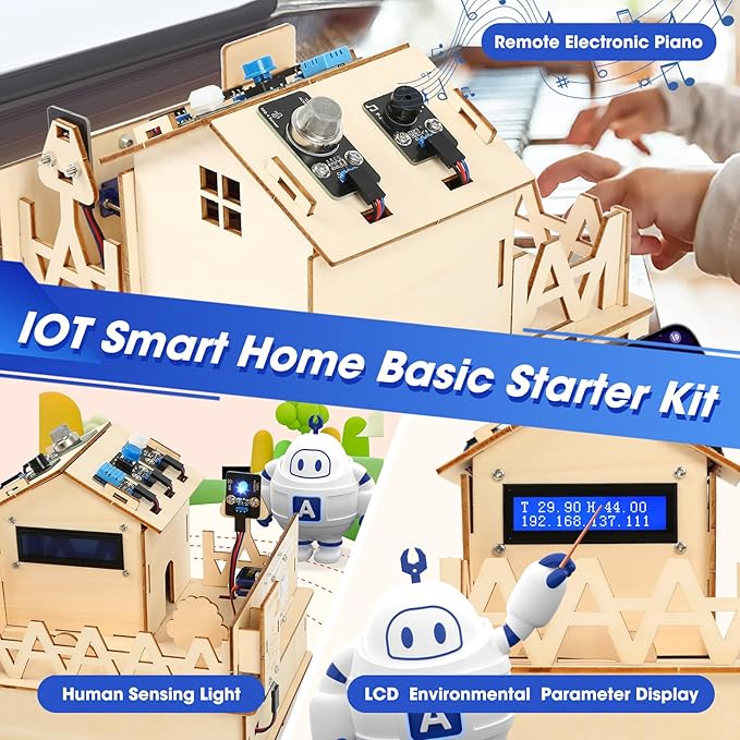 ESP32 IOT Smart Home Starter Kit for Arduino IDE, Educational STEM Kit Toys for Kids Age 10+, 3D Wooden Puzzles House DIY Sensor Science Kit Electronics Auto Engineering Coding Set for Adults Teens