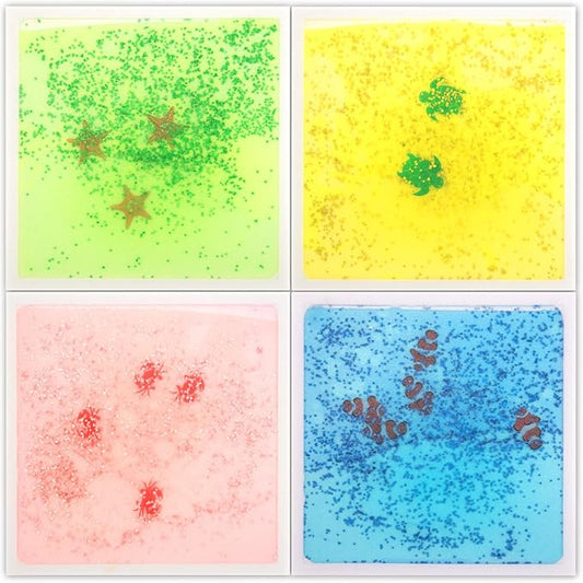 Art3d 4-Pack Liquid Sensory Floor Tiles, Colorful Liquid Fusion Senroy Dance Play Mat for Kids Toddler, 11.8"x11.8" Sea World