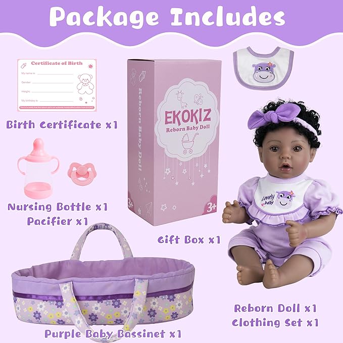 Reborn Baby Doll 18" African American Baby Dolls, Realistic Newborn Girl with Poseable Limbs, Weighted Body & Handcrafted Features, Collectible Gift Set Includes Bassinet Outfit & Accessories