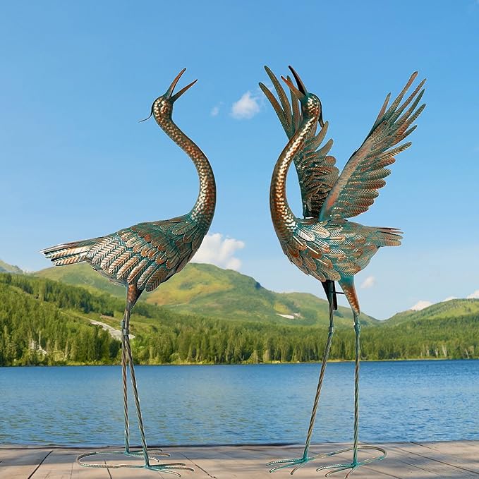 chisheen Crane Garden Statues Outdoor Metal Heron Yard Art Crane for Garden Sculptures Patio Lawn Ornaments,Set of 2
