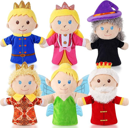 6 Pcs Castle Hand Puppets Fairy Tales Queen & King, Princess & Prince, Elf & Witch Plush Toys Role-Play Toy Puppets for Kids Storytelling Imaginative Pretend Play Teaching Preschool(6 Cartoon)
