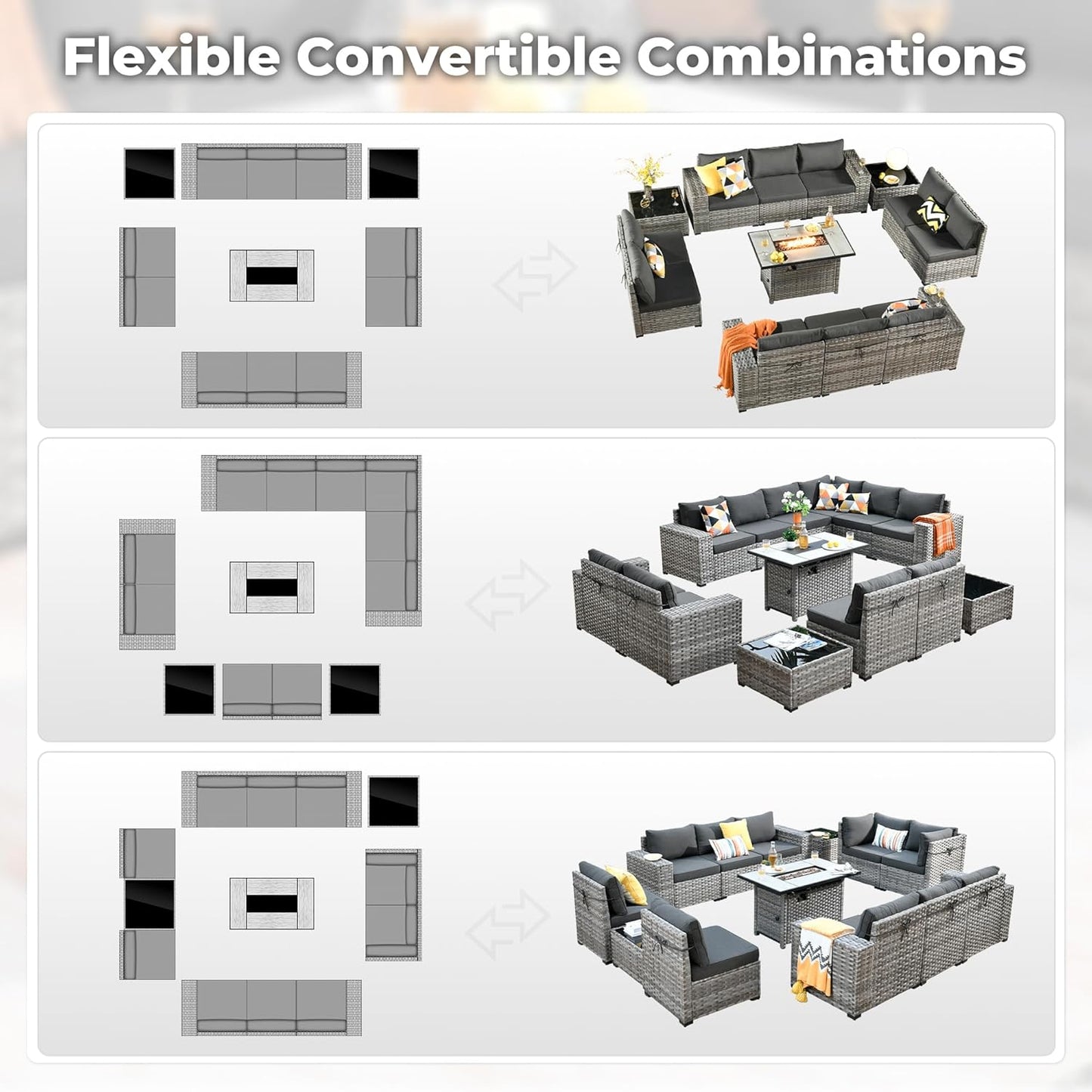 ovios 13 Pieces Patio Furniture Set, Outdoor Wicker Sectional Sofa with 42 Inch Fire Pit Table Comfy Cushions, Modern Modular Deep Seat Rattan Couch Conversation Set, Black