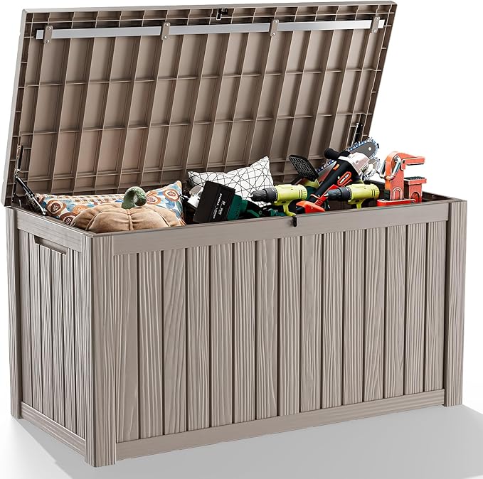DRATO 150 Gallon Outdoor Storage Box, Large Waterproof Deck Box, Lockable Resin Storage Container with Reinforced Support for Patio Cushions, Garden Tools, UV-Resistant Outdoor Chest