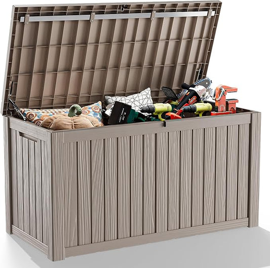 DRATO 150 Gallon Outdoor Storage Box, Large Waterproof Deck Box, Lockable Resin Storage Container with Reinforced Support for Patio Cushions, Garden Tools, UV-Resistant Outdoor Chest