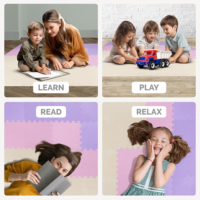 TOYVELT Ultimate Foam Play Mat Set 12x12-16 Interlocking Floor Tiles for Kids - Non Toxic, Colorful Foam Puzzle Mats - Safe and Durable - Ideal Play Mat for Toddlers 1-3 - Pink-Purple-Beige
