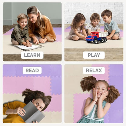TOYVELT Ultimate Foam Play Mat Set 12x12-16 Interlocking Floor Tiles for Kids - Non Toxic, Colorful Foam Puzzle Mats - Safe and Durable - Ideal Play Mat for Toddlers 1-3 - Pink-Purple-Beige