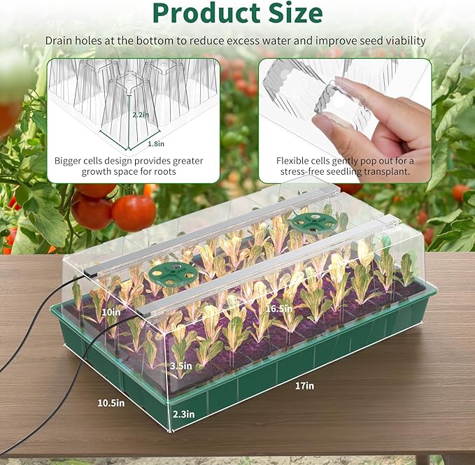Seed Starter Tray, 120-Cell Seed Starter Kit with Grow Light, 2 Pack Reusable Seeding Starter Trays with Air Vent Humidity Domes for Greenhouse Gardening Indoor Planting Growing (Green Base)