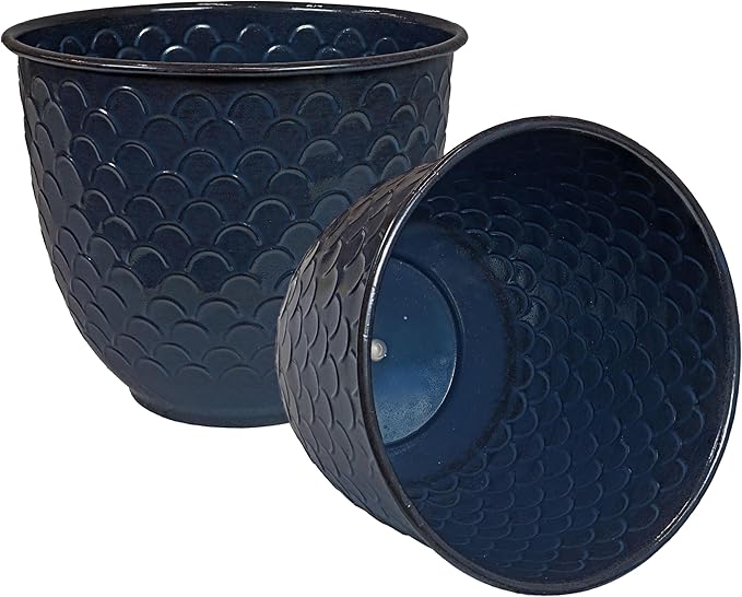 Sunnydaze Dinah 12.5" Metal Outdoor Plant Pot Set with Drainage Holes and Rubber Plugs - Navy Glaze - Set of 2