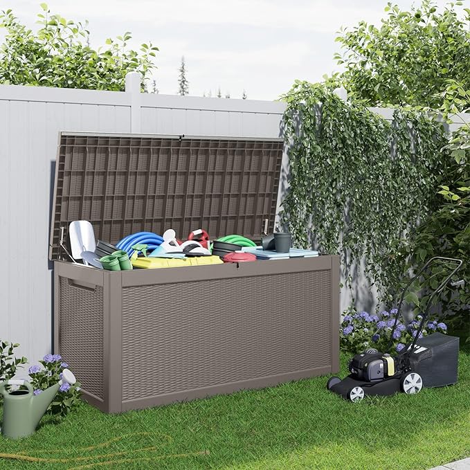 260 Gallon Resin Deck Box, Lockable Patio Outdoor Storage Box for Furniture, Garden Tools and Tools Storage, Waterproof Outside Storage Boxes - Grey
