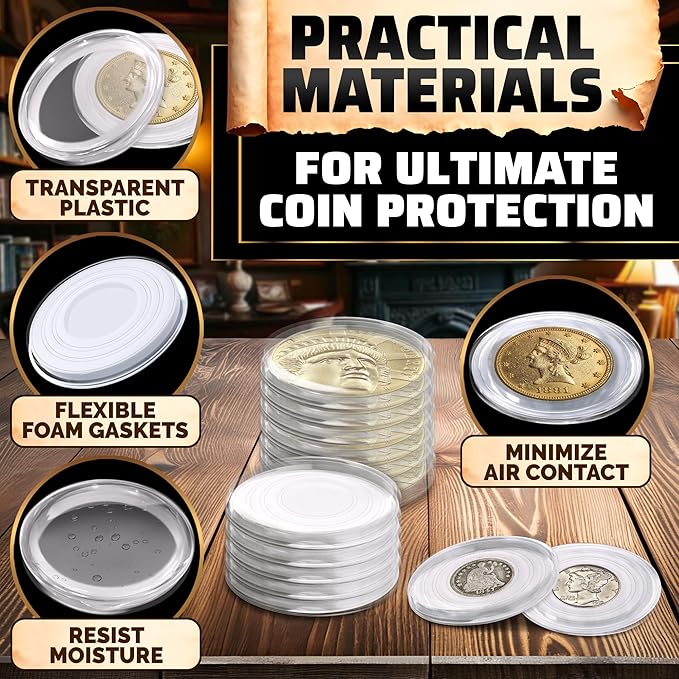 60 Pcs Silver Dollar Holder Case - Universal Sizes (30/33/38/40mm) with Foam Gaskets and Moisture Protection - Transparent Plastic Capsules with Organizer Box for Collectors