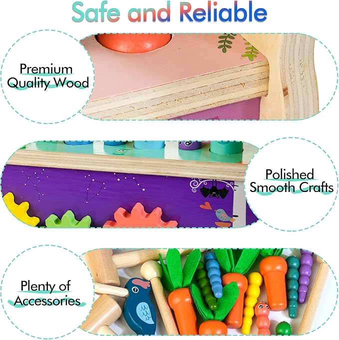 6-in-1 Wooden Montessori Toys for 1 Year Old, Mole-Tapping Game | Play The Xylophone | Frog Clock | Carrot Harvest Game | Spinning Gear, Baby Toy Gift for Early Learning