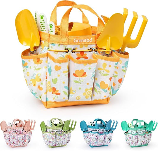 Kids Gardening Set Toys,Includes Metal Trowel,Transplanting Shovel,Garden hat,Rake,Apron,Gloves,Watering Can,and Tool Organizer Bag (Yellow)
