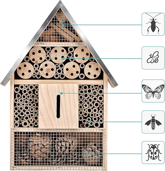 Wooden Mason Insect Bee Butterfly House,Insect Hotel,an Outdoor Hanging Bamboo Habitat for Bee Butterfly Ladybugs Live,Bee Box,Butterfly Habitat for Garden,9 x 15.7 x 2.5 Inch