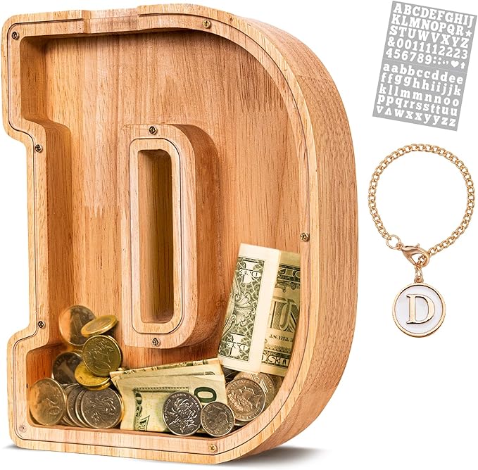 KMC Wooden Letter Piggy Bank, Personalized Initial Piggy Bank for Kids Boys, Clear Alphabet D Wood Money Box, Unbreakable Coin Saving Jar, Birthday, for Children