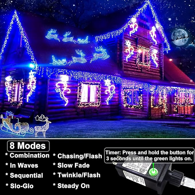 Icicle lights Outdoor - 66ft Christmas Lights with 640LED 120 Drops 8 Modes, Plug in Curtain String Lights Waterproof for Holiday Wedding Party Home Garden Bedroom Indoor Outdoor Decoration, Blue