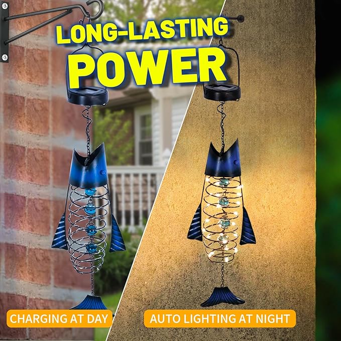 HONGLAND 2 Pack Solar Lantern Outdoor - Metal Fish Hanging Decoration - Waterproof Warm LED Lights Outside - Unique Gifts for Garden Man Women Holiday Days, Birthdays, Attractive Addition to Yard Art