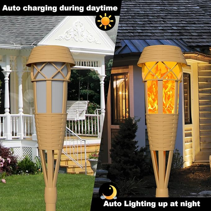 Solar Outdoor Lights – Solar Torch Lights with Flickering Flame for Garden Decor, Waterproof Solar Garden Lights, Outdoor Patio & Pathway Yard Decorations with Flame Torches - 4 Pack
