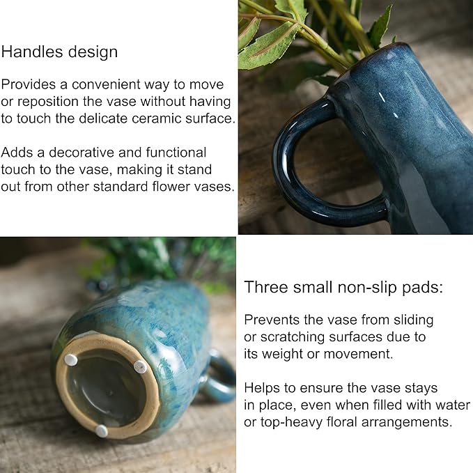 Ceramic Vase Set of 2, Blue Glazed Small Pottery Vases with Handles, Decorative Clay Vase Modern Farmhouse Decor, Centerpiece Dining Table Decorations Porcelain