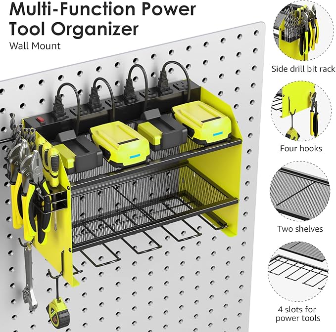 CCCEI Modular Power Tool Organizer Wall Mount with Charging Station. Garage 4 Drill Storage Shelf with Hooks, Screwdriver, Drill Bit Heavy Duty Rack, Tool Battery Holder Built in 8 Outlet Power Strip.