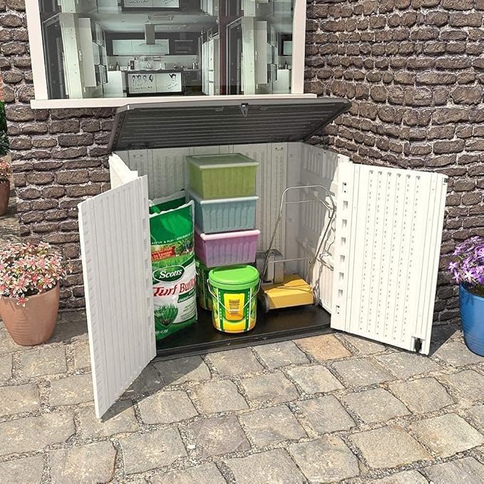 KINYING Outdoor Storage Shed - Horizontal Storage Box Waterproof for Garden, Patios, Backyards, Multi-Opening Door for Easy Storage of Bike, Garbage Cans, Tools, Lawn Mower, Off-White, 26 Cubic Feet