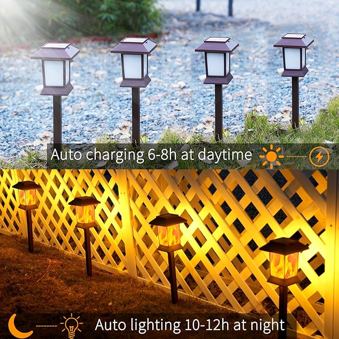 Solar Pathway Lights Outdoor with Flickering Flame, IP65 Waterproof, 6PK Solar Flame Lights with Hook, Upgraded 1000mAH Battery, Up to 12Hrs, Auto On/Off, Decor for Garden, Walkway