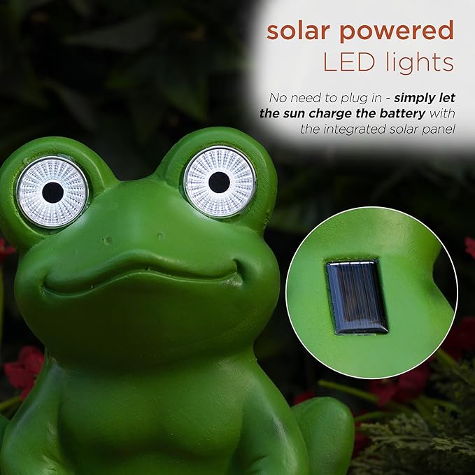 Alpine Corporation ZEN390SLR-L Frog on Mushroom Statue with LED Lights, Solar-Powered LED Frog Garden Statue, 24" H, Green