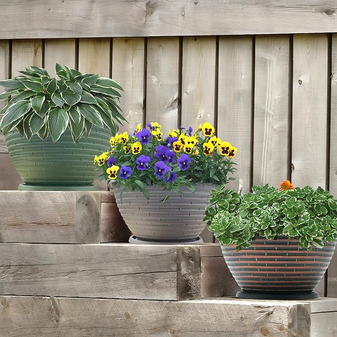 Quarut Large-Planter-Indoor-Outdoor Plant Pots, 12 inch 4 Pack Flower Pots with Saucer and Drainage Holes, Modern Planters for Planting Medium Large Plants,Decorative Resin Garden Pots(Grey)