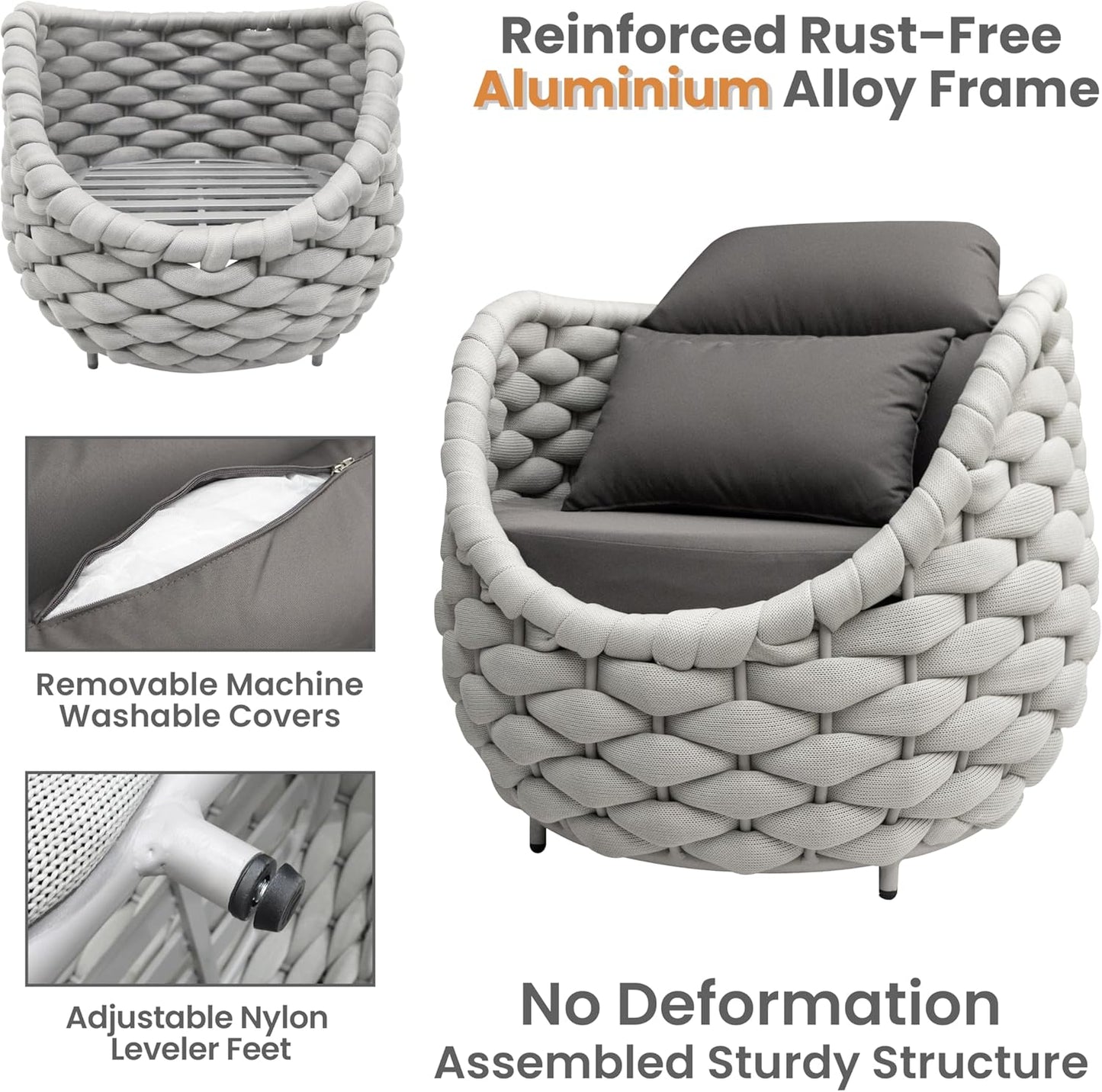 Cushioned Outdoor Patio Furniture Set: 6 Pieces Aluminum Porch Conversation Sofa Set - Modern Hand Woven Rope Deck Couch Set - No Assembly All Weather for 661lbs Yard Garden Poolside Hotel, Gray