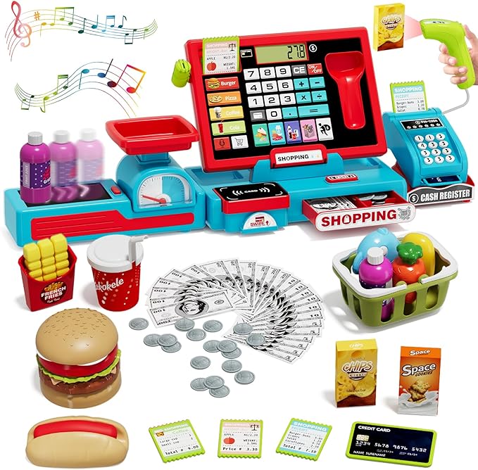 63PCS Cash Register for Kids, Kids Cash Register with Real Calculator, Pretend Play Store with Music/Motorized Conveyor/Play Money/Food Toys, Learning Toys for Boys Girls 3+, Red