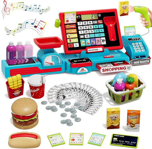63PCS Cash Register for Kids, Kids Cash Register with Real Calculator, Pretend Play Store with Music/Motorized Conveyor/Play Money/Food Toys, Learning Toys for Boys Girls 3+, Red