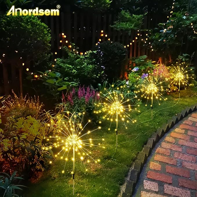 Anordsem Solar Garden Lights Outdoor Waterproof: Fireworks String Light Remote Control for Yard Decorative - LED Sparkler Lamp 4 Pack with 8 Lighting Modes for Patio Pathway Proch House Decor