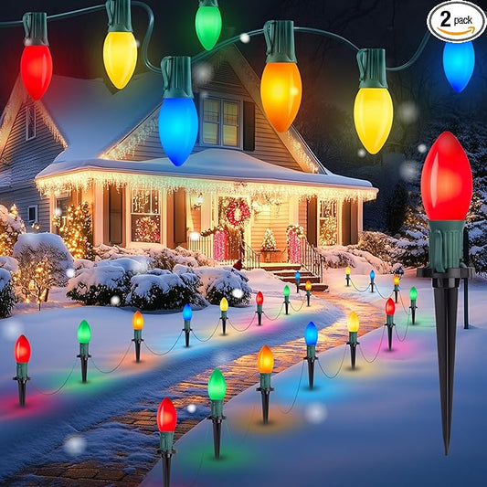 Brightown Frosted C9 LED Christmas Lights Outdoor, 2 Packs Total 64Ft Christmas Pathway Lights with 50 LED Bulbs and Stakes, Christmas Decorations Outside Driveway Walkway Sidewalk, Multicolor