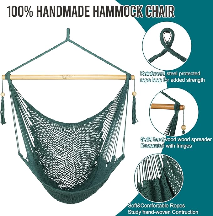 JoyView Hammock Chair with Spreader Bar Caribbean Hammock Swing Chair 300 LBS Weight Capacity XL Rope Hanging Chair for Outdoor Indoor Garden Yard - Green