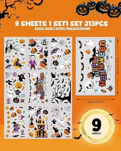 Halloween Window Clings - 9 Sheets 213 Pcs Happy Halloween Window Decorations Indoor for Home Party Eyes Pumpkin Ghost Bats Witch Stickers for Glass Double-Sided Removable Static Glass Decals