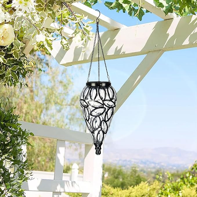 Solar Hanging Lantern Outdoor Lights, Tear-Shaped 15 LEDs Cool White Hanging Lights with S Hooks Decor in Garden, Yard, Pathway, Front Door and Landscape