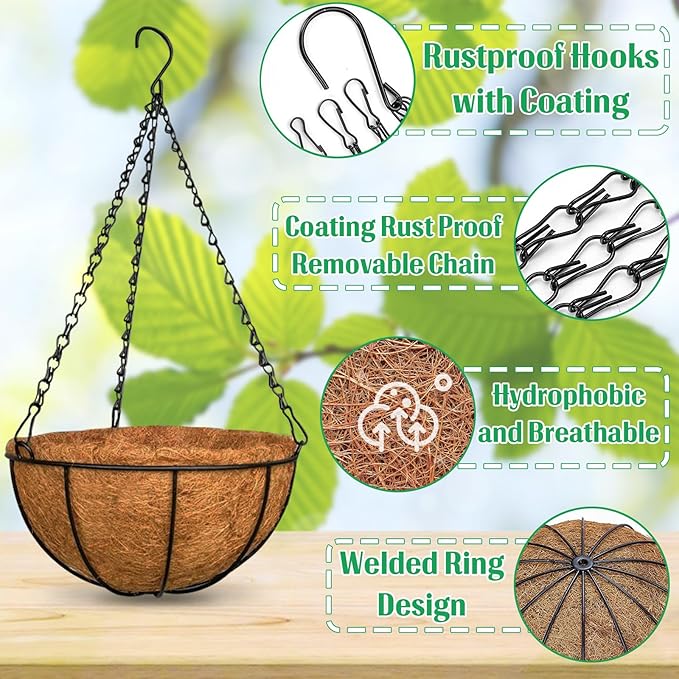 ZeeDix 3 Pack 12 Inch Metal Round Hanging Planter Basket with Coconut Liners Replacement, Hanging planters Baskets with Natural Coco Liner for Outdoor Indoor Planters Flowers Vegetables
