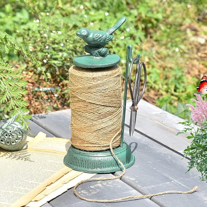 Sungmor Cast Iron Garden Twine Holder Set - 1300ft. Natural Jute Twine String & Rope Rack & Scissors - Decorative & Practical Home Arts Crafts Tools for Picture Display Gift Wrapping Packing Gardening