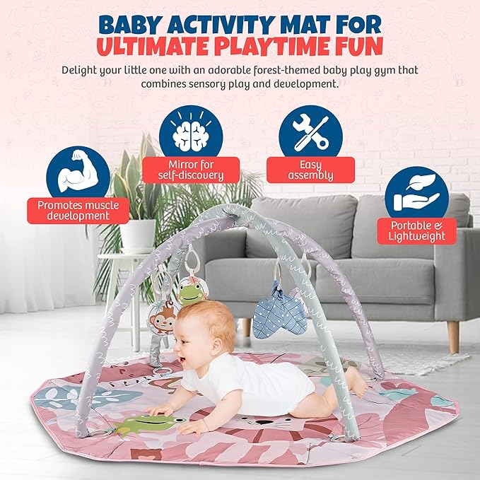 Henry & Colin Baby Activity Play Gym Mat with Hanging Toys, Soft Padded Mat, Sensory Development Play Area for Newborns and Infants, Convertible Play Center for Tummy Time and Fun Learning (Pink)