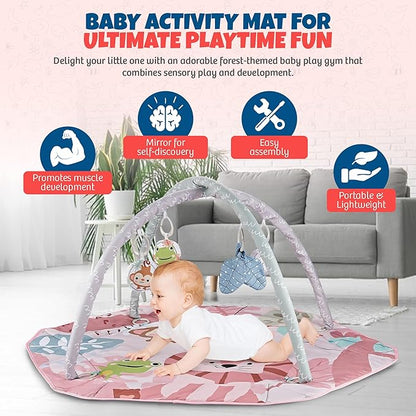 Henry & Colin Baby Activity Play Gym Mat with Hanging Toys, Soft Padded Mat, Sensory Development Play Area for Newborns and Infants, Convertible Play Center for Tummy Time and Fun Learning (Pink)