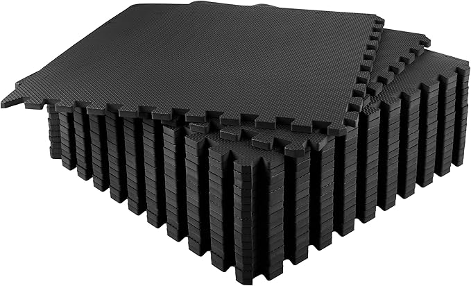 EVA Foam Mat Tiles 18-Pack - 72 SQ FT of Interlocking Padding for Garage, Playroom, or Gym Flooring - Exercise Mat or Baby Playmat by Stalwart (Black)