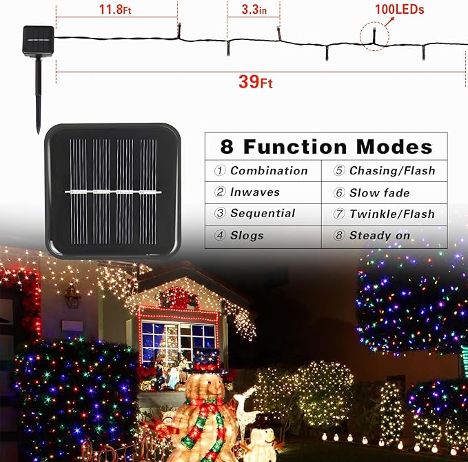 2 Pack Solar String Lights Outdoor, 200 LED Extra-Long 78 FT Solar Christmas Lights Outdoor with 8 Lighting Modes, IP65 Waterproof for Garden, Xmas, Balcony, Wedding, Party (Multicolor)
