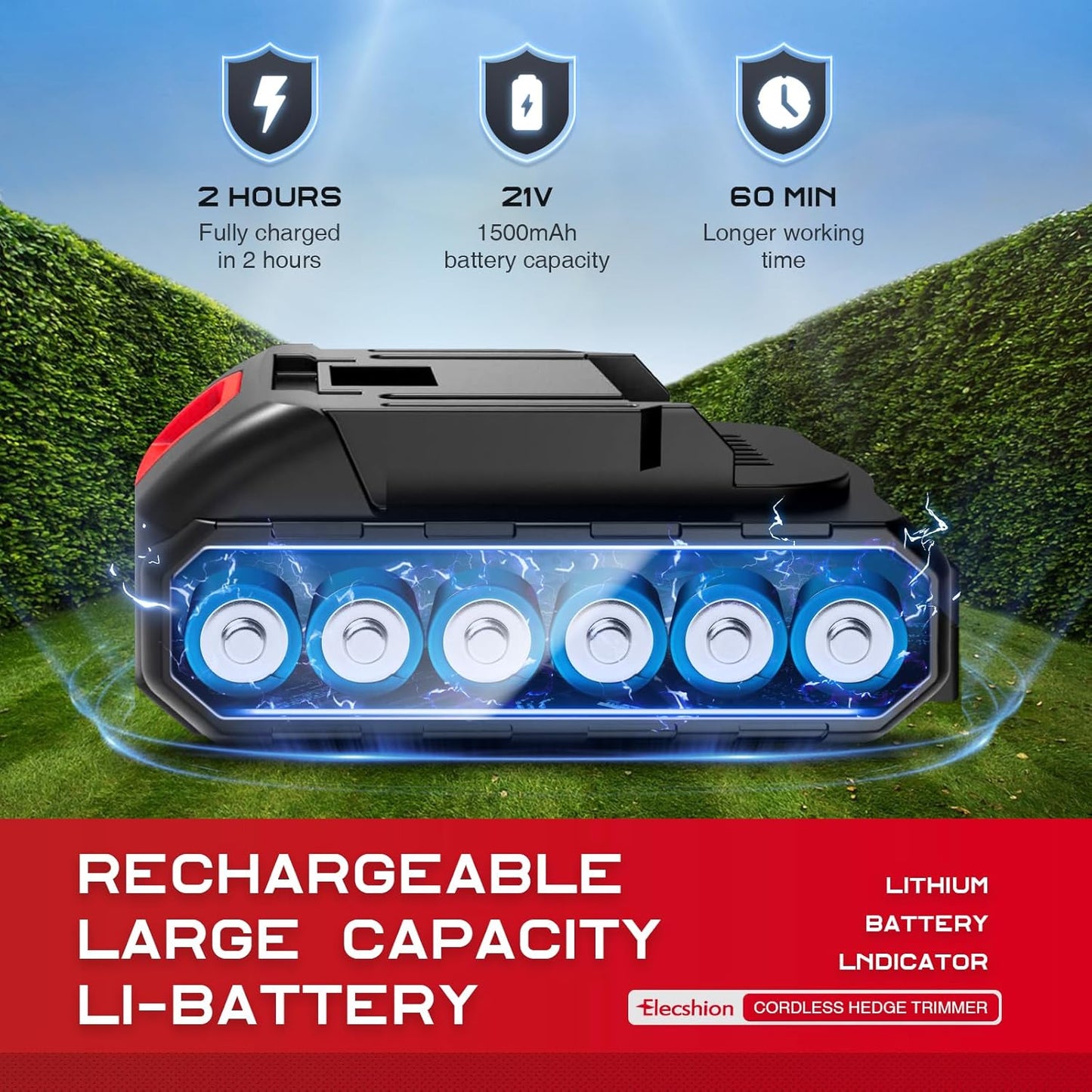 Hedge Trimmer Cordless - 1 Pack 21V Battery with Charger Powered Electric Mini Trimmers, 2 in 1 Handheld Hedge Shears + Grass Cutter Pruning Shrub Cutting Tool for Bush,Tree,Garden,Lawn,Yard