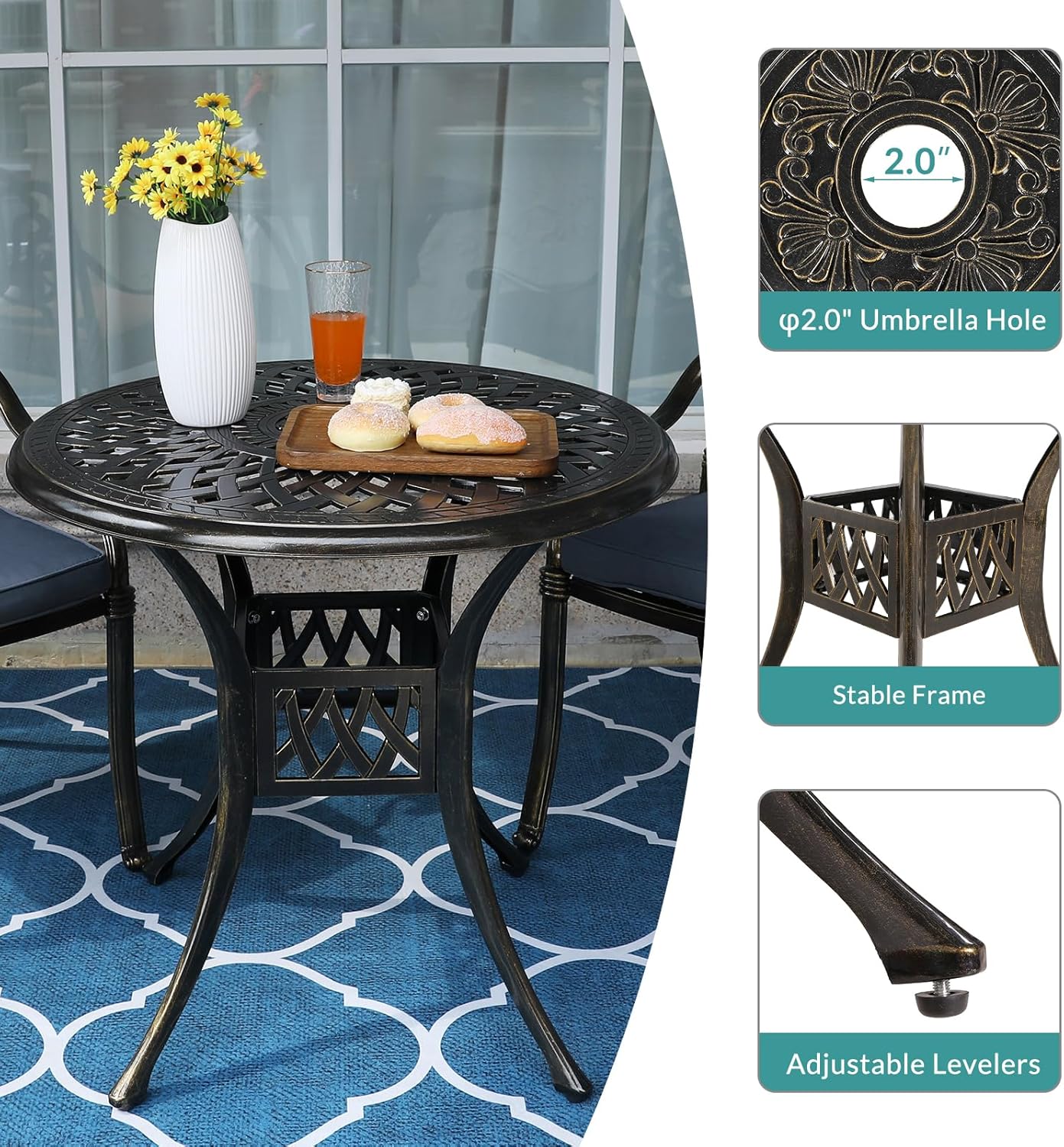 MEETWARM 3 Piece Patio Bistro Set, Outdoor All-Weather Cast Aluminum Dining Furniture Set Includes 2 Cushioned Chairs and a 31” Round Table with Umbrella Hole for Garden Deck, Navy Blue