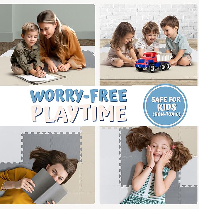 TOYVELT Foam Puzzle Floor Mat for Kids 12x12-32 Interlocking Play Mat Tiles with Colors - Educational Large Puzzle Foam Floor Tiles for Crawling, Non-Toxic - Cream-Gray-Beige