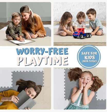 TOYVELT Foam Puzzle Floor Mat for Kids 12x12-32 Interlocking Play Mat Tiles with Colors - Educational Large Puzzle Foam Floor Tiles for Crawling, Non-Toxic - Cream-Gray-Beige